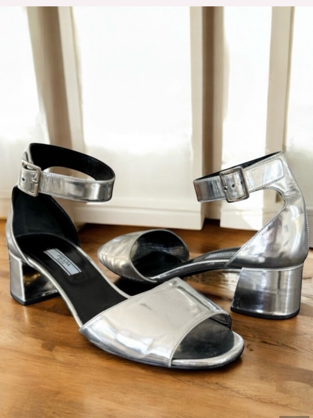 PRADA Sandal Silver Leather Block Heel